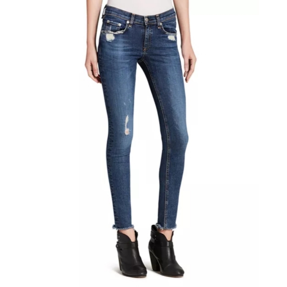 Rag & Bone The Skinny Jeans In La Paz Blue Distressed Stretch‎ Denim Raw Hems 30